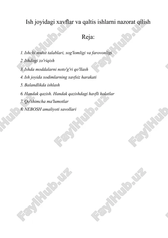 ish joyidagi xavflar va qaltis ishlarni nazorat qilish — DOCX