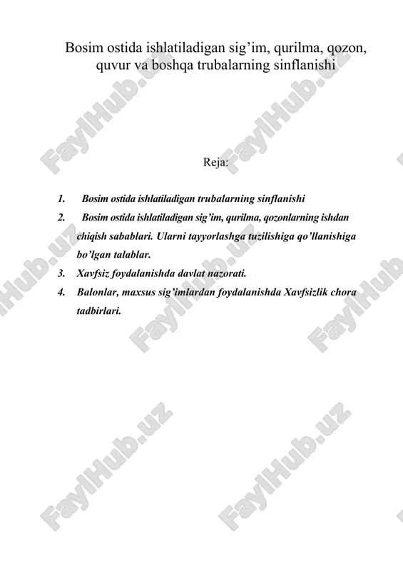 bosim ostida ishlatiladigan sig’im, qurilma, qozon, quvur va boshqa trubalarning sinflanishi — DOC