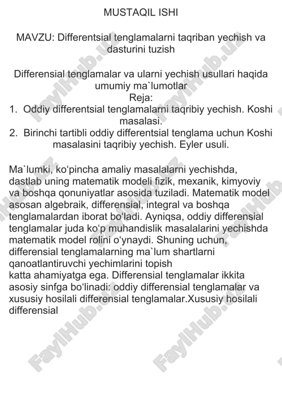 differentsial tenglamalarni taqriban yechish va dasturini tuzish — DOCX