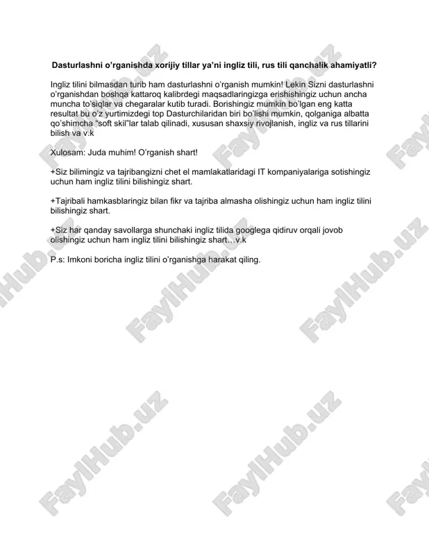 dasturlashni o’rganishda xorijiy tillar ya’ni ingliz tili, rus tili qanchalik ahamiyatli? — DOCX