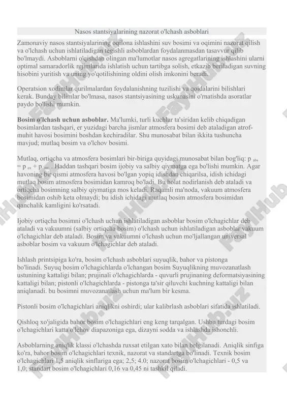 nasos stantsiyalarining nazorat o'lchash asboblari — DOCX