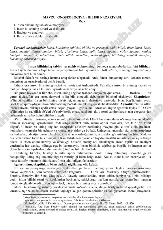 gnoseologiya – bilish nazariyasi. — DOC