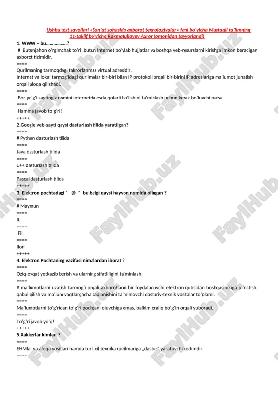 bravzerlar mavzusiga doir test namuna — DOCX