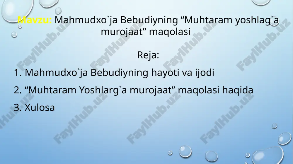 mahmudxo`ja bebudiyning “muhtaram yoshlag`a murojaat” maqolasi — PPTX