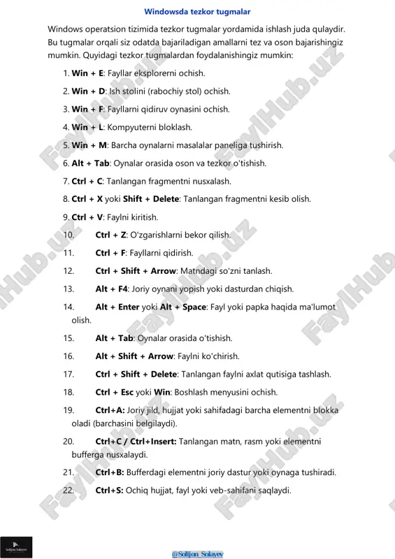 windows tezkor tugmalari — PDF