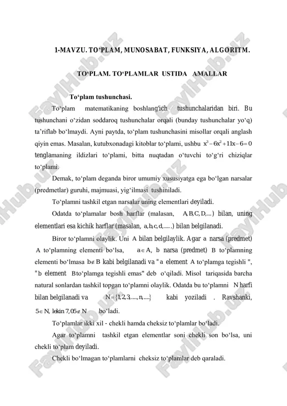to’plam, munosabat, funksiya, algoritm. binar munosabatlar — PDF