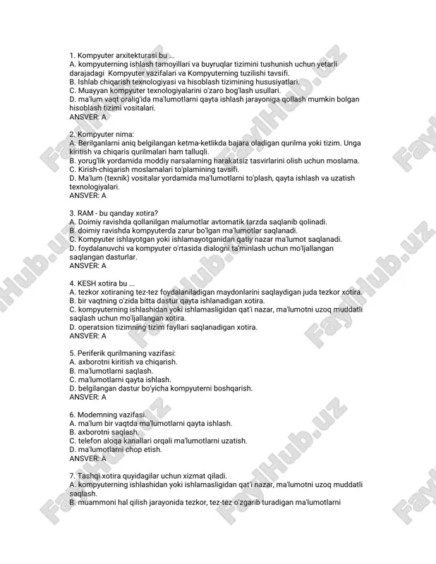 internet, dasturlash, tarmoq administratorligi test javoblari — PDF