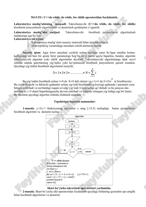 c++da while, do while, for siklik operatoridan foydalanish.. — DOCX