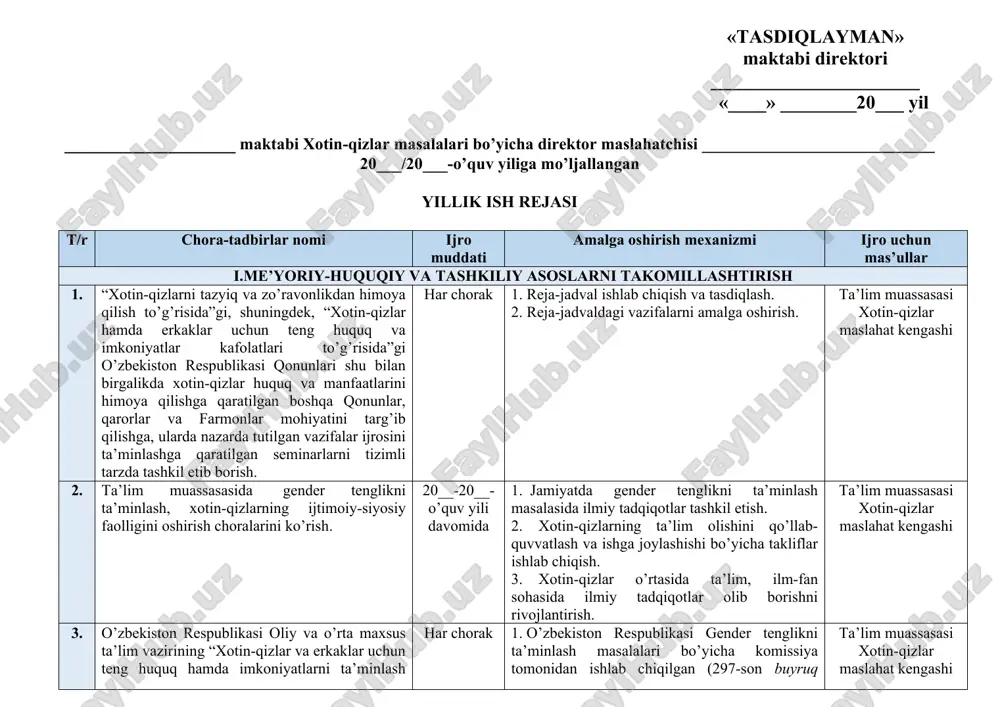 xotin-qizlar ish rejasi — DOC