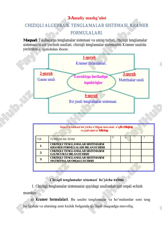 chiziqli tenglamalar sistemasini kramer usuli — PDF