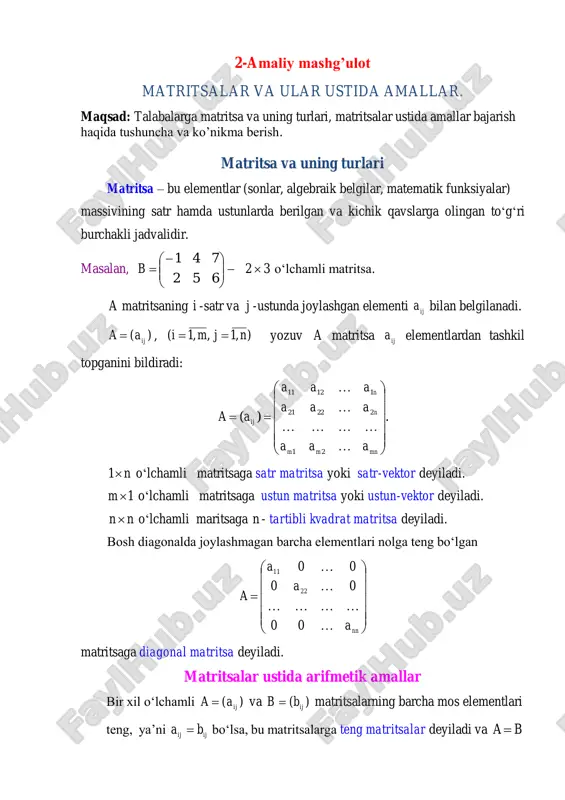 matritsalar va ularni xossalari. matritsalar ustida amallar — PDF