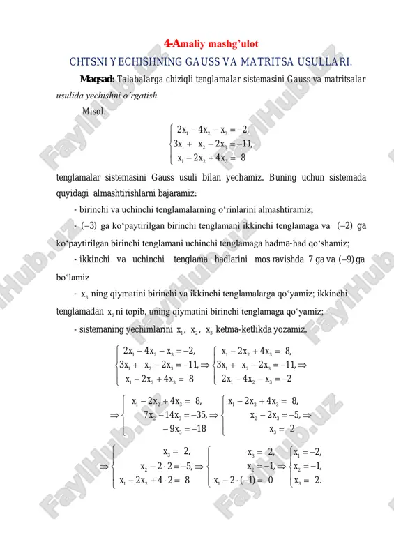 chtsni yechishning gauss va matritsa usullari — PDF