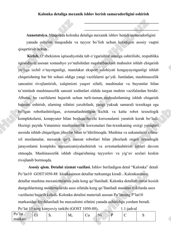 kalonka detaliga mexanik ishlov berish samaradorligini oshirish — DOCX