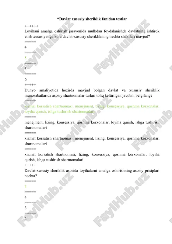 "davlat xususiy sheriklik fanidan testlar javobi bilan — DOC