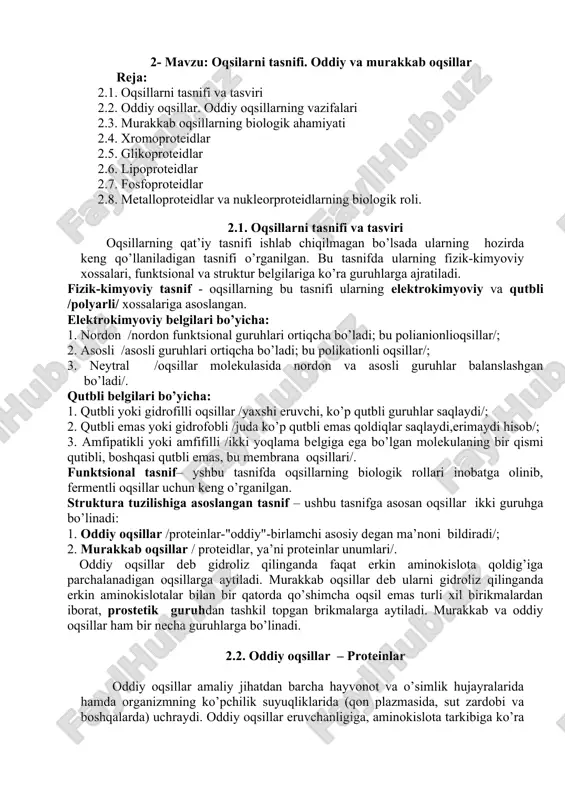 oqsillar tasnifi oddiy va murakkab oqsillar — DOCX