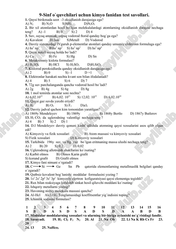 9-sinf o'quvchilari uchun kimyodan test. — DOC