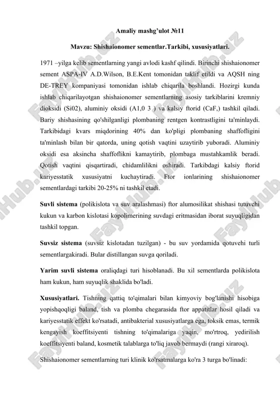 shishaionomer sementlar.tarkibi, xususiyatlari — DOCX