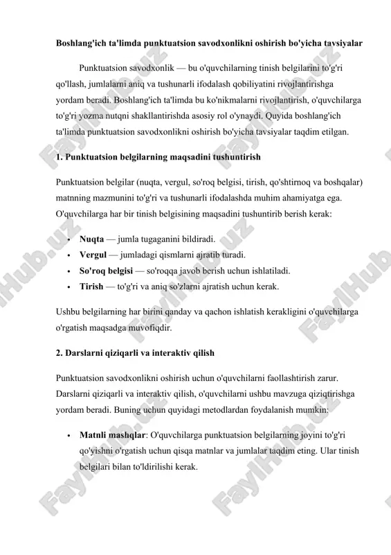 boshlang'ich ta'limda punktuatsion savodxonlikni oshirish bo'yicha tavsiyalar ishlab chiqish — DOCX