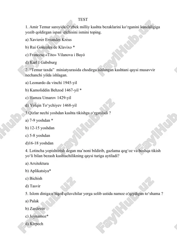 kashta turlari test — DOCX