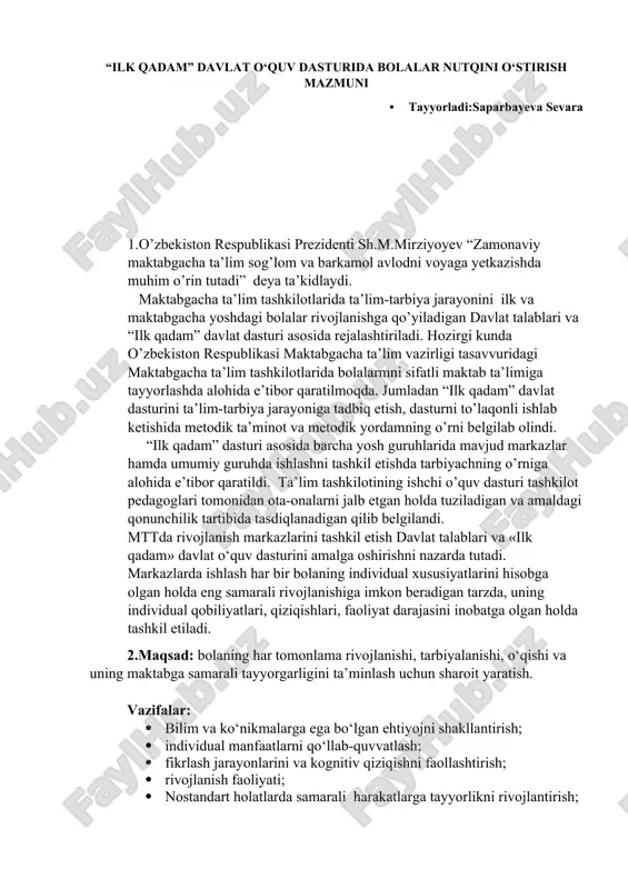 ilk qadam” davlat o‘quv dasturida bolalar nutqini o‘stirish mazmuni — DOCX