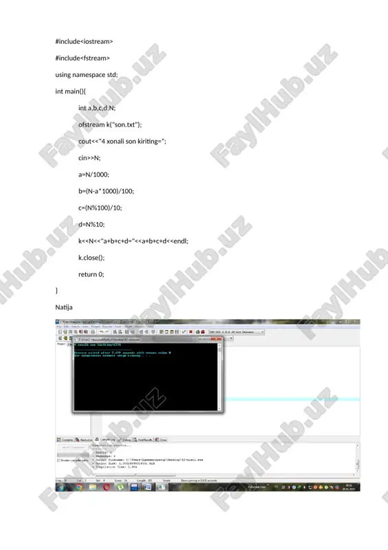 c++ dan masalalar va konsol oynada javoblari — DOCX