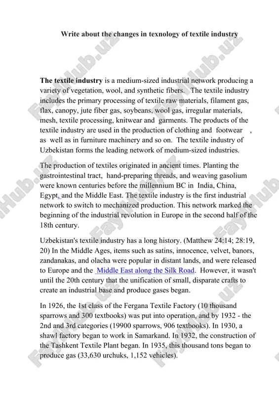 write about the changes in texnology of textile industry — DOCX