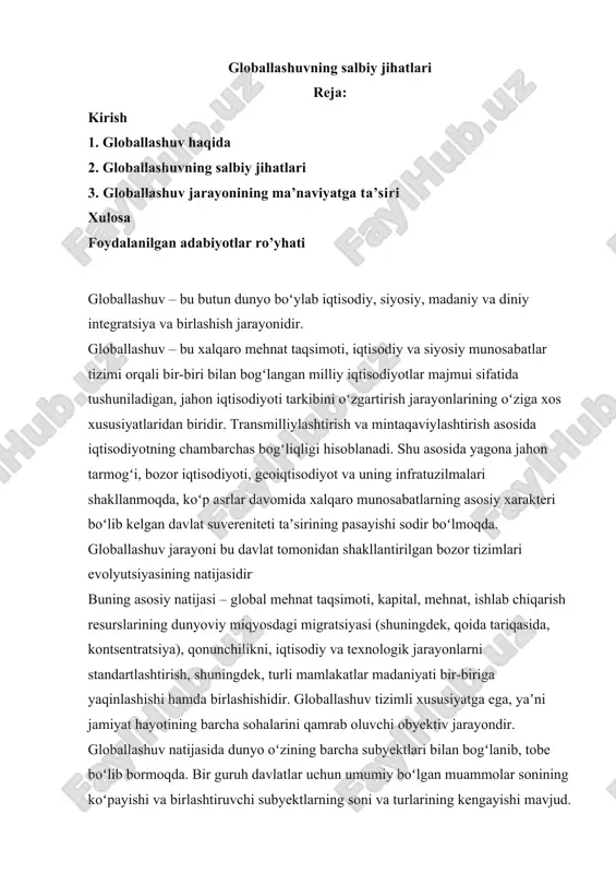 globallashuvning salbiy jihatlari — DOCX