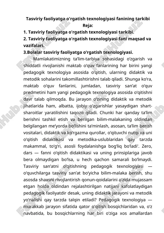 tasviriy faoliyatga o'rgatish texnologiyasi fanining tarkibi — DOCX