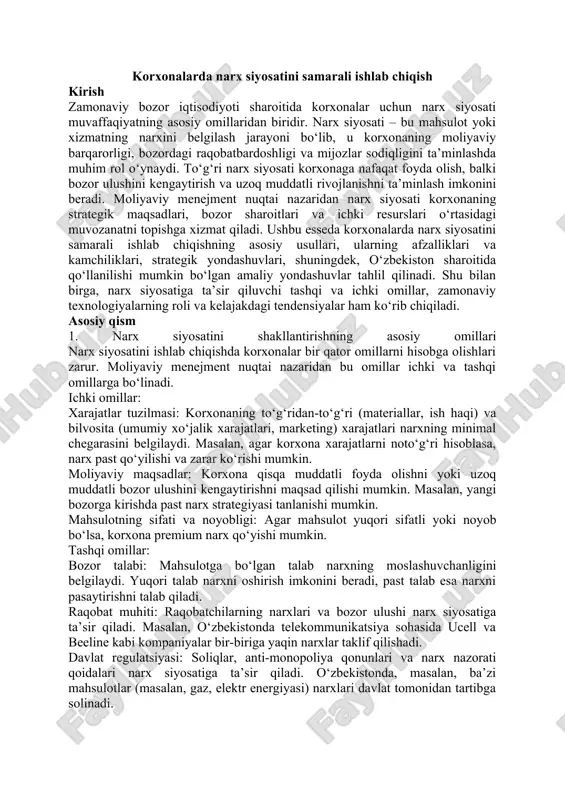 korxonalar narx siyosatini samarali ishlab chiqish — DOCX