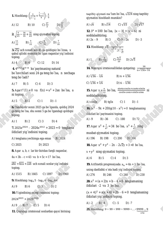matemtikadan test — PDF