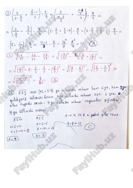 matematikadan takrorlash testi yechimlari — PDF