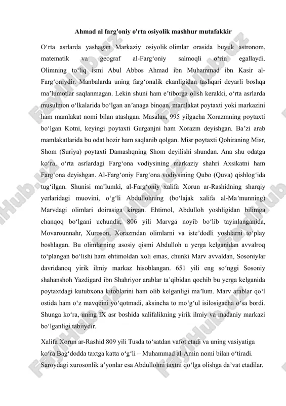 ahmad al farg'oniy o'rta osiyolik mashhur mutafakkir — DOCX