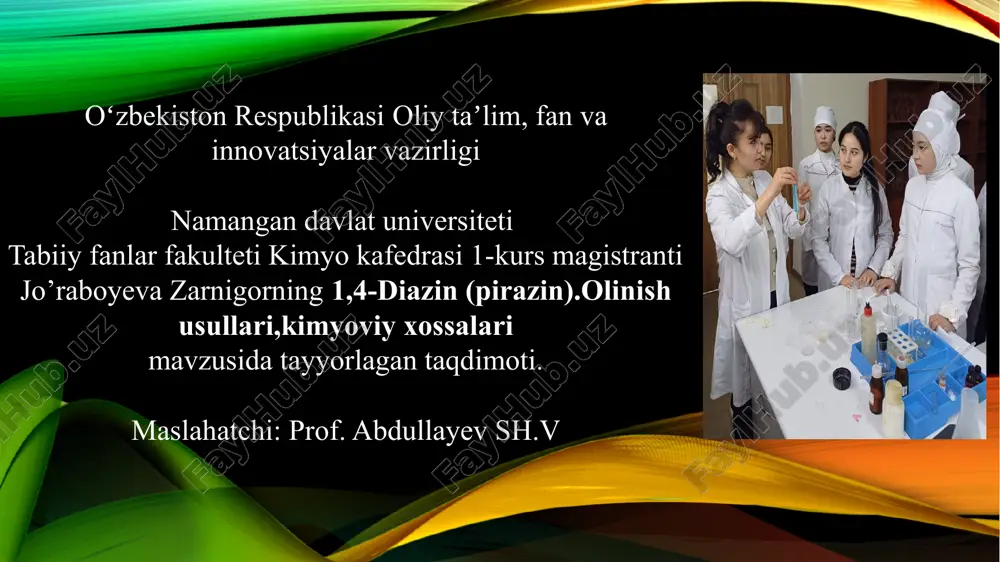 1,4-diazin (pirazin).olinish usullari,kimyoviy xossalari — PPTX