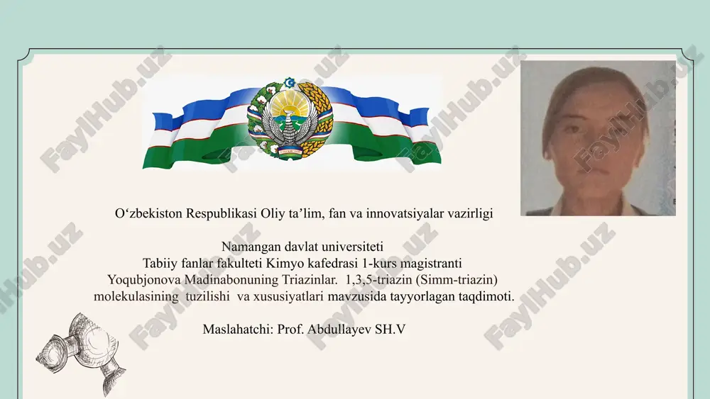 triazinlar. 1,3,5-triazin (simm-triazin) molekulasining tuzilishi va xususiyatlari — PPTX