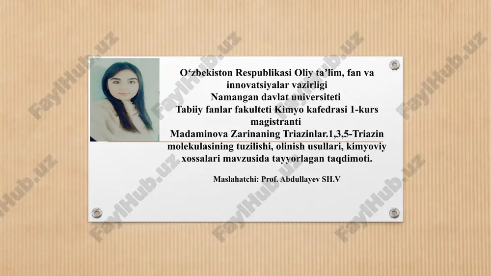 triazinlar. 1,3,5-triazin molekulasining tuzilishi, olinish usullari, kimyoviy xossalari — PPTX