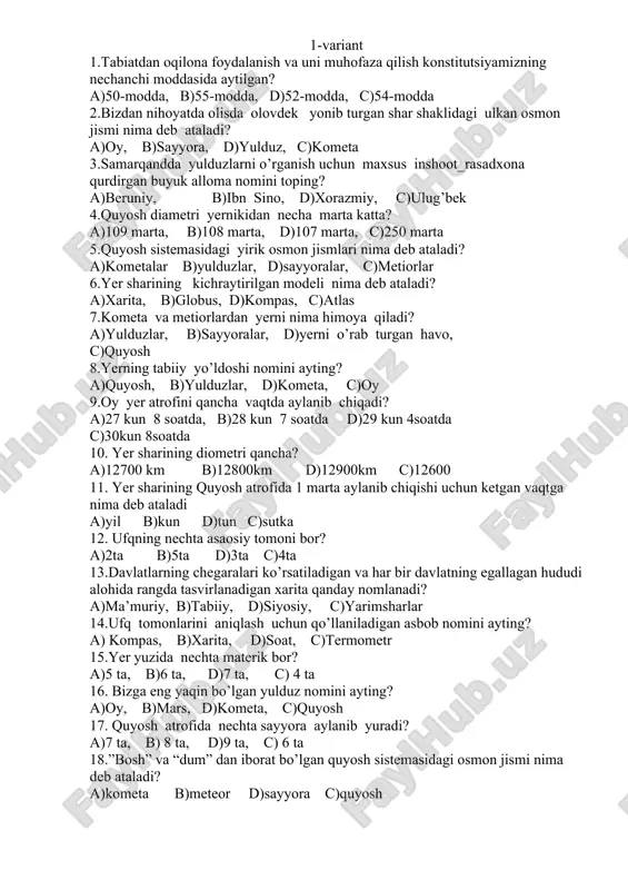 tabiatshunoslik fanidan testlar — DOC
