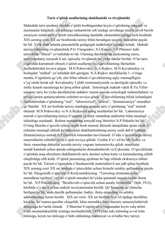 tarix o’qitish usullarining shakllanishi va rivojlanishi — DOCX