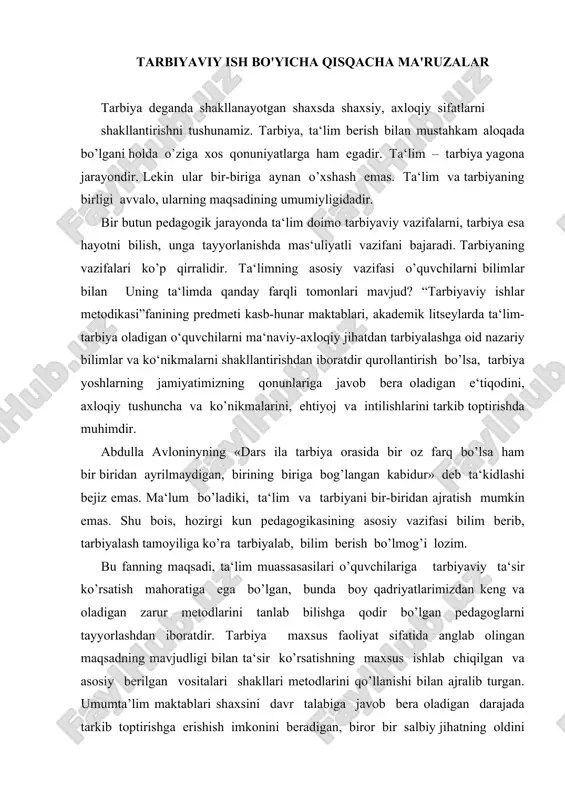 tarbiyaviy ish bo'yicha qisqacha ma'ruzalar — DOCX