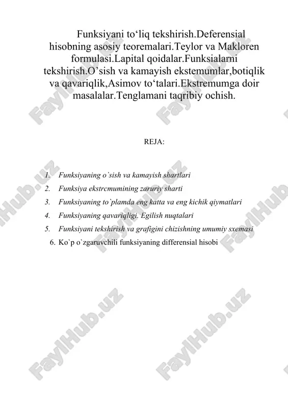 funksiyaning o`sish va kamayish shartlari — DOCX
