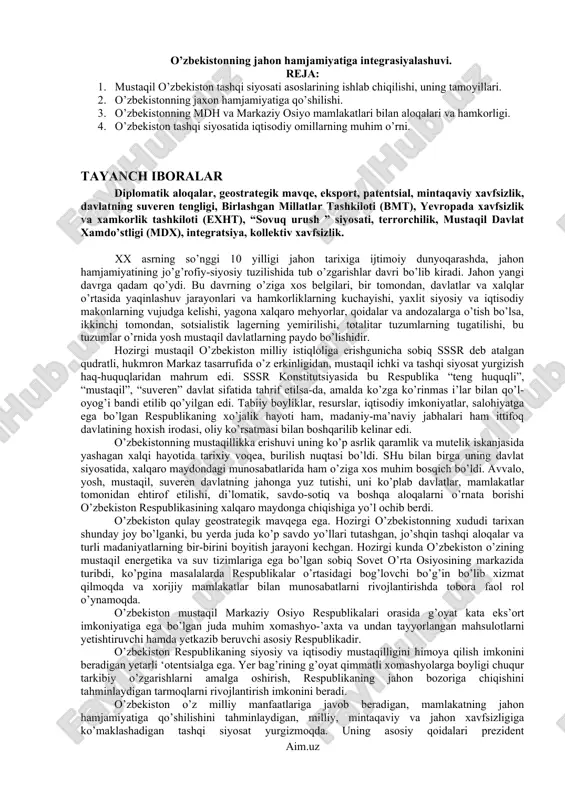o’zbekistonning jahon hamjamiyatiga integrasiyalashuvi — DOC