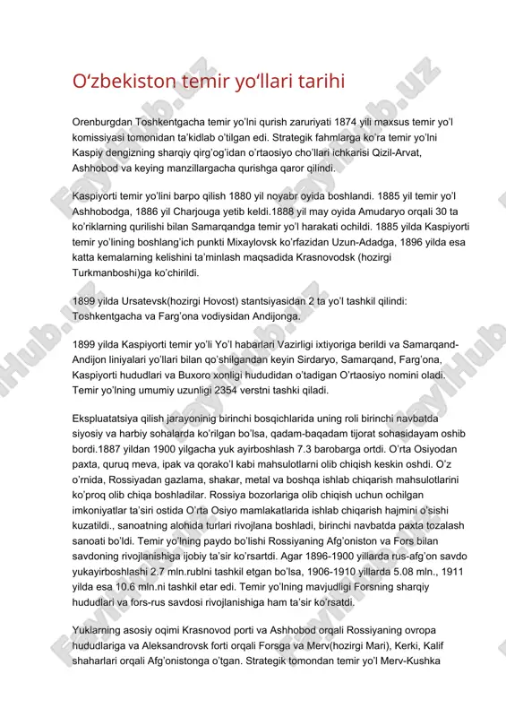 o‘zbekiston temir yo‘llari tarihi — DOCX