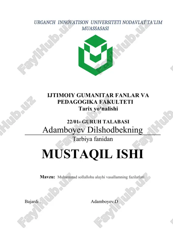 muhammad sollallohu alayhi vasallamning fazilatlari — DOCX