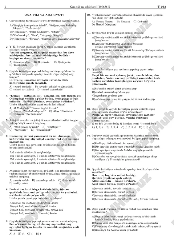 biologiya kimyo ona tili adabiyot dan 2015 variant test 10 ta — PDF