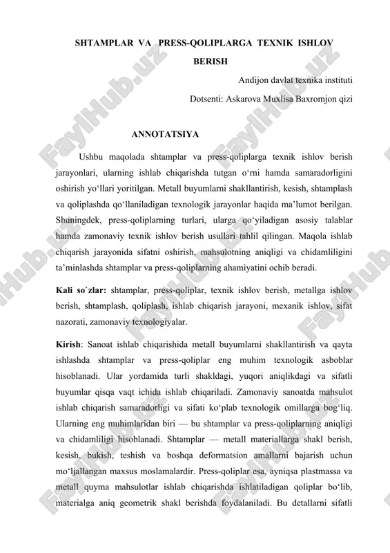 shtamplar va press-qoliplarga texnik ishlov berish — DOCX