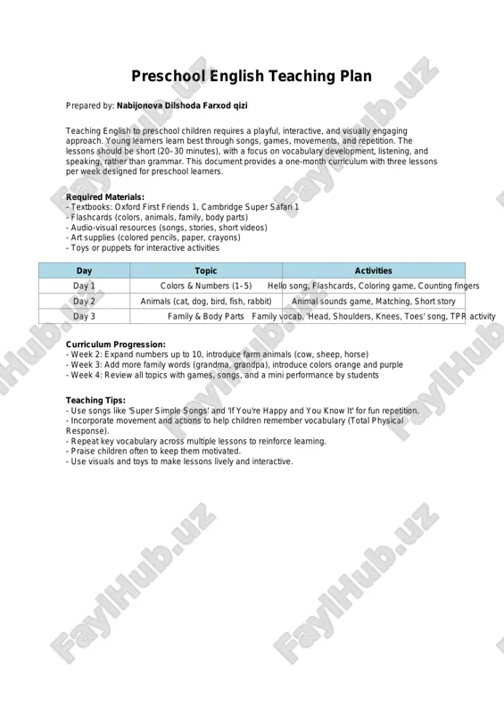 preschool english teaching plan — PDF