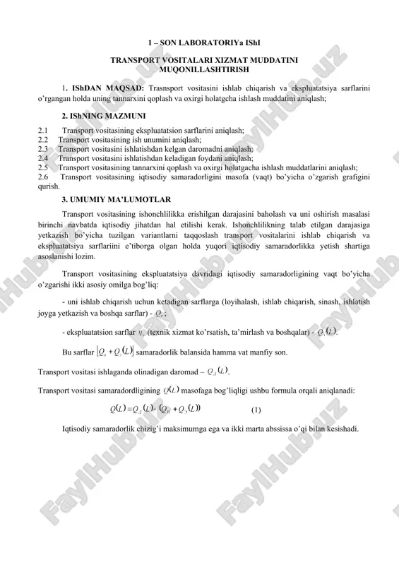 transport vositalari xizmat muddatini muqonillashtirish — DOC