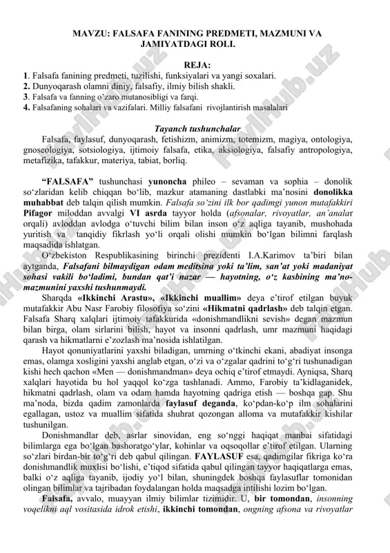 falsafa fanining predmeti, mazmuni va jamiyatdagi roli — DOC