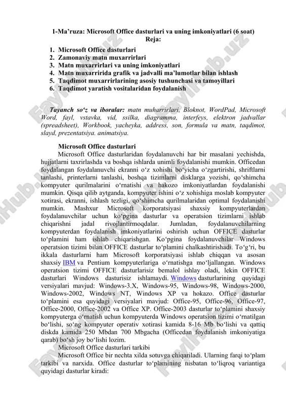 microsoft offise dasturlari va uning imkoniyatlari — DOC