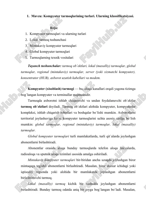 kompyuter tarmoqlari va ularning turlari — DOC