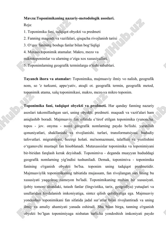 toponimikaning nazariy-metodologik asoslari — DOC